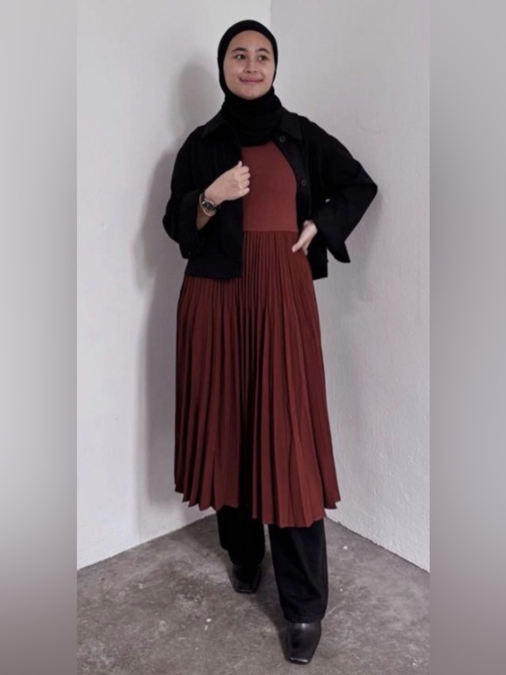 EUC [Uniqlo] Pleated Long Sleeve Combination Tiered Flared Dress Brown Women’s M - Picture 7 of 14